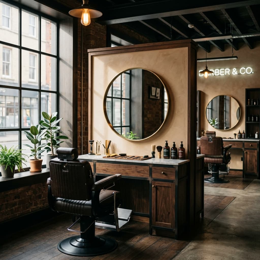 Interieur du salon FREEOUI, comptoirs en bois et eclairage chaleureux